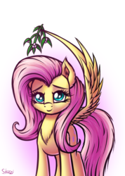 Size: 1185x1665 | Tagged: safe, artist:skorpionletun, fluttershy, pegasus, pony, g4, chest fluff, cute, female, mare, mistletoe, shyabetes, smiling, solo, wing hands