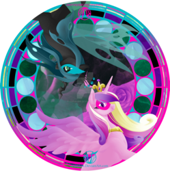 Size: 1600x1605 | Tagged: safe, artist:varaann, princess cadance, queen chrysalis, alicorn, changeling, changeling queen, pony, g4, female, mare, mask, watermark