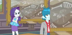 Size: 1494x744 | Tagged: safe, screencap, rarity, thunderbass, alicorn, equestria girls, g4, my little pony equestria girls: better together, school of rock, background human, bone, crossed arms, female, fossil, fridge horror, geode of shielding, male, rarity peplum dress, skeleton, skull, the implications are horrible, unfortunate implications