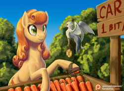 Size: 1230x900 | Tagged: safe, artist:kirillk, carrot top, golden harvest, oc, oc:der, earth pony, griffon, pony, g4, carrot, coin, female, food, mare, micro, patreon, patreon logo, sign, smiling