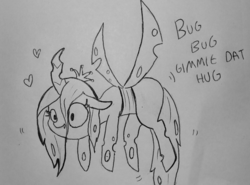 Size: 1553x1147 | Tagged: safe, artist:tjpones, queen chrysalis, changeling, changeling queen, g4, black and white, curved horn, dialogue, female, flying, grayscale, heart, horn, hugs 4 bugs, lineart, monochrome, simple background, sketch, solo, traditional art