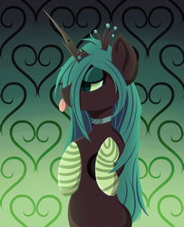 Size: 1626x2000 | Tagged: safe, artist:hyenapocalypse, queen chrysalis, changeling, changeling queen, g4, bipedal, clothes, female, lidded eyes, profile, socks, solo, striped socks, tongue out