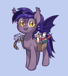 Size: 900x1010 | Tagged: safe, artist:dawnfire, oc, oc only, oc:inky, bat pony, pony, blue background, book, chest fluff, fangs, female, mare, saddle bag, simple background, smiling, solo