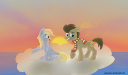 Size: 5000x2940 | Tagged: safe, artist:pzkratzer, derpy hooves, doctor whooves, time turner, earth pony, pegasus, pony, g4, acrophobia, cloud, duo, female, male, ocean, on a cloud, open mouth, scared, ship:doctorderpy, shipping, straight, sunset