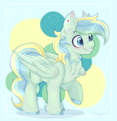 Size: 1600x1660 | Tagged: safe, artist:pvrii, oc, oc only, oc:honey melon, pegasus, pony, abstract background, blushing, chest fluff, colored hooves, ear fluff, ear piercing, folded wings, gift art, heart, hoof fluff, male, nose wrinkle, piercing, signature, smiling, solo, stallion, standing, stars, wings