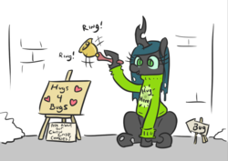 Size: 792x560 | Tagged: safe, artist:jargon scott, queen chrysalis, changeling, changeling queen, g4, bell, clothes, cute, cutealis, female, hole, hugs 4 bugs, sign, sitting, smiling, solo, sweater, weapons-grade cute