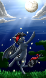 Size: 1024x1707 | Tagged: safe, artist:crecious, oc, oc only, oc:silhouette umbrawing, bat pony, firefly (insect), pony, bat pony oc, bipedal, fangs, female, full moon, grass, leonine tail, mare, moon, night