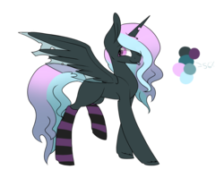 Size: 1024x817 | Tagged: safe, artist:cyrinthia, oc, oc only, oc:chrysselia, changepony, pony, clothes, female, magical lesbian spawn, mare, offspring, parent:princess celestia, parent:queen chrysalis, parents:chryslestia, reference sheet, simple background, socks, solo, striped socks, tongue out, transparent background