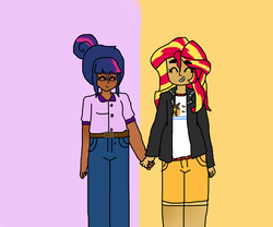 Size: 1738x1448 | Tagged: safe, artist:furawachan, sci-twi, sunset shimmer, twilight sparkle, equestria girls, g4, dark skin, eyes closed, female, heart, holding hands, human coloration, lesbian, ship:sci-twishimmer, ship:sunsetsparkle, shipping, smiling