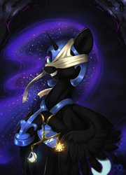 Size: 1000x1387 | Tagged: safe, artist:xaneas, nightmare moon, alicorn, pony, g4, evil grin, female, grin, helmet, looking at you, mare, smiling