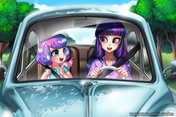 Size: 1100x733 | Tagged: safe, artist:racoonsan, princess flurry heart, twilight sparkle, human, g4, :d, aunt, aunt and niece, auntie twilight, backpack, best aunt ever, blushing, car, clothes, cute, daaaaaaaaaaaw, driving, duo, eyeshadow, female, flurrybetes, happy, humanized, looking at each other, makeup, niece, older, older flurry heart, open mouth, racoonsan is trying to murder us, sitting, smiling, twiabetes, twilight is bae, twilight sparkle (alicorn), vehicle, volkswagen, volkswagen beetle, weapons-grade cute, wings