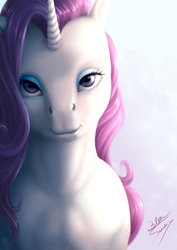 Size: 1637x2315 | Tagged: safe, artist:bluespaceling, rarity, pony, unicorn, g4, bedroom eyes, bust, female, mare, portrait, realistic, solo