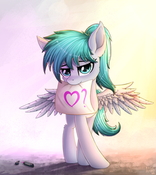 Size: 1145x1286 | Tagged: safe, artist:atlas-66, oc, oc only, oc:lucid mirage, pegasus, pony, aeroverse, female, heart, lidded eyes, looking at you, mare, mouth hold, spread wings, wings