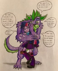Size: 2681x3294 | Tagged: safe, artist:bozzerkazooers, spike, twilight sparkle, dog, werewolf, equestria girls, g4, beast, clothes, crying, dialogue, high res, hug, smiling, spike the dog, tears of joy, traditional art