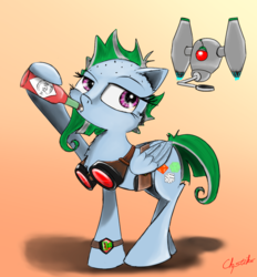 Size: 1500x1613 | Tagged: safe, artist:chopsticks, oc, oc only, pegasus, pony, robot, cutie mark, dice, drone, female, goggles, hot sauce, mare, mascot, punk, shaved head, shaved mane, simple background, solo, tabasco, watch
