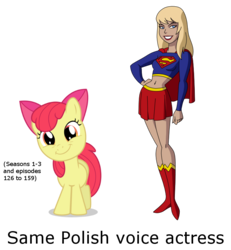 Size: 720x780 | Tagged: safe, apple bloom, earth pony, kryptonian, pony, g4, dcau, exploitable meme, female, filly, foal, joanna pach-żbikowska, justice league, justice league unlimited, meme, poland, polish, same voice actor, simple background, supergirl, transparent background