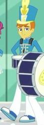 Size: 189x528 | Tagged: safe, screencap, golden brass, a queen of clubs, equestria girls, g4, my little pony equestria girls: better together, background human, clothes, cropped, drums, hat, looking at you, musical instrument, pants, shoes, smiling