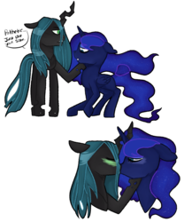 Size: 1024x1232 | Tagged: safe, artist:parashy, princess luna, queen chrysalis, alicorn, changeling, changeling queen, pony, g4, chrysaluna, dialogue, female, kissing, lesbian, shipping, simple background, transparent background