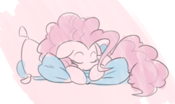 Size: 791x470 | Tagged: dead source, safe, artist:reiduran, pinkie pie, earth pony, pony, g4, cute, diapinkes, eyes closed, female, floppy ears, mare, no nose, pillow, sleeping, smiling, solo