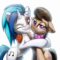 Size: 1200x1200 | Tagged: safe, artist:tsitra360, dj pon-3, octavia melody, vinyl scratch, earth pony, pony, unicorn, g4, cheek to cheek, female, floppy ears, headphones, looking at you, mare, nuzzling, one eye closed, red eyes, simple background, smiling, squishy cheeks, wrong eye color