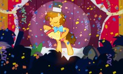 Size: 900x540 | Tagged: safe, artist:pixelkitties, bon bon, cheese sandwich, derpy hooves, spike, sweetie drops, dragon, earth pony, pegasus, pony, g4, accordion, bowtie, clothes, confetti, crowd, female, hat, male, mare, musical instrument, performance, stallion, top hat