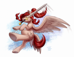 Size: 1200x937 | Tagged: safe, artist:tsitra360, oc, oc only, pegasus, pony, commission, flying, mouth hold, sword, underhoof, weapon