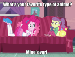 Size: 1000x769 | Tagged: safe, edit, edited screencap, screencap, lily pad (g4), pinkie pie, equestria girls, g4, my little pony equestria girls: better together, pinkie sitting, anime, caption, clothes, couch, duo, eye contact, female, frown, hairband, image macro, implied lesbian, looking at each other, meme, out of context, pantyhose, prone, pun, shoes, side ponytail, skirt, smiling, wide eyes, worried, young
