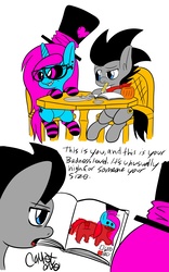 Size: 1857x2975 | Tagged: safe, artist:comet0ne, artist:katkathasahathat, oc, oc only, oc:ryn, oc:suisei, pegasus, pony, unicorn, bandana, book, chair, clothes, comic, cup, cutie mark, dish, female, fork, glasses, hat, heart, lilo and stitch, male, mole, pencil, sitting, sketch, stockings, table, thigh highs