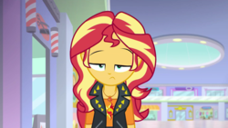 Size: 1920x1080 | Tagged: safe, screencap, sunset shimmer, human, a fine line, equestria girls, equestria girls series, g4, annoyed, barbershop, barbershop pole, canterlot mall, clothes, female, geode of empathy, half-closed eyes, jacket, leather, leather jacket, mall, solo, store, storefront, sunroof, sunset shimmer is not amused, teenager, unamused