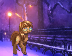 Size: 1920x1503 | Tagged: safe, oc, oc only, oc:dawnsong, earth pony, pony, female, glasses, mare, night, snow, solo, streetlight, subsurface scattering, ych result