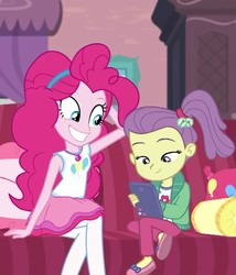 Size: 617x720 | Tagged: safe, screencap, lily pad (g4), pinkie pie, equestria girls, g4, my little pony equestria girls: better together, pinkie sitting, clothes, cropped, female, pantyhose, smiling, young