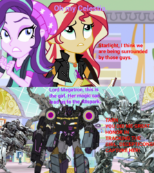 Size: 720x808 | Tagged: safe, edit, edited screencap, screencap, starlight glimmer, sunset shimmer, equestria girls, equestria girls specials, g4, my little pony equestria girls: mirror magic, blackout (decepticon), clash of hasbro's titans, crossover, crystal prep academy, decepticon, mall, megatron, starscream, tarn, transformers