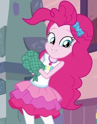 Size: 568x720 | Tagged: safe, screencap, pinkie pie, equestria girls, g4, my little pony equestria girls: better together, pinkie sitting, clothes, cropped, cute, female, hairband, magical geodes, mittens, pantyhose, skirt, smiling