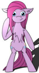 Size: 766x1433 | Tagged: safe, artist:randomelight, pinkie pie, earth pony, pony, g4, belly, bipedal, chest fluff, ear fluff, ears, female, floppy ears, fluffy, giggling, legs in air, light, looking at you, pinkamena diane pie, shadow, simple background, smiling, solo, standing, standing upright, stare, staring staight, straight mane, tail swish, transparent background
