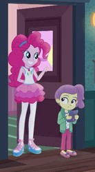 Size: 336x608 | Tagged: safe, screencap, lily pad (g4), pinkie pie, equestria girls, g4, my little pony equestria girls: better together, pinkie sitting, arm behind head, clothes, cropped, cute, female, hairband, ipad, jacket, magical geodes, pantyhose, shoes, side ponytail, skirt, smiling, young