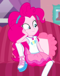 Size: 548x695 | Tagged: safe, screencap, pinkie pie, equestria girls, g4, my little pony equestria girls: better together, pinkie sitting, clothes, cropped, cute, female, hairband, pantyhose, shoes, skirt, solo