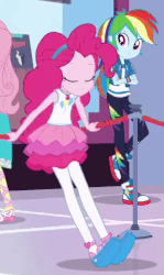 Size: 360x604 | Tagged: safe, edit, edited screencap, screencap, fluttershy, pinkie pie, rainbow dash, a fine line, equestria girls, equestria girls series, g4, animated, clothes, converse, cropped, cute, female, hairband, loop, pantyhose, reversed, shoes, skirt, sneakers