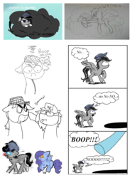 Size: 1580x2120 | Tagged: safe, artist:bunnybass, artist:chopsticks, artist:yenchey, oc, oc only, oc:chopsticks, oc:morning blast, pegasus, pony, boop, clothes, cloud, comic, compilation, female, glasses, hat, male, mare, monochrome, non-consensual booping, stallion, this will not end well, thought bubble, weapons-grade boop