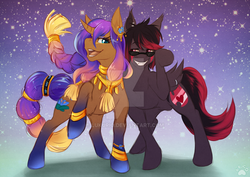 Size: 1024x724 | Tagged: safe, artist:lukurio, oc, oc only, oc:hisaki kindlecolt, oc:lotus bloom, pony, unicorn, duo, ear piercing, earring, eyeshadow, female, flower, glasses, gradient hooves, gradient mane, grin, hairband, jewelry, looking at each other, makeup, male, mare, multicolored tail, necklace, open mouth, piercing, smiling, stallion, stars, tail band, watermark, wing ring