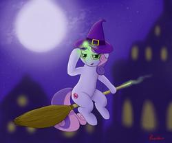 Size: 1800x1500 | Tagged: safe, artist:ponyxwright, sweetie belle, pony, unicorn, g4, broom, female, flying, flying broomstick, full moon, glowing horn, halloween, hat, holiday, horn, magic, moon, nightmare night, solo, witch hat