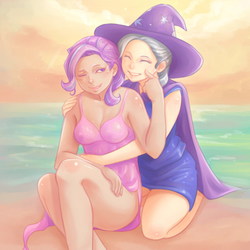 Size: 1200x1200 | Tagged: safe, artist:ninjaham, starlight glimmer, trixie, human, g4, beach, breasts, cleavage, clothes, cute, female, humanized, lesbian, ship:startrix, shipping, swimsuit