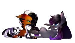 Size: 1024x600 | Tagged: safe, artist:hyshyy, oc, oc only, oc:raffles hoof, oc:raven, zonkey, clothes, on back, pregnant, prone, scarf, simple background, tongue out, transparent background