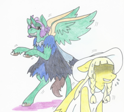 Size: 2397x2153 | Tagged: safe, artist:taibu-kettu, oc, oc only, oc:frost d. tart, oc:golden lily, alicorn, pegasus, pony, acerola, alicorn oc, bipedal, blank face, brother and sister, clothes, cosplay, costume, crossdressing, crossover, female, high res, lillie, male, name pun, pokémon, pokémon sun and moon, smiling, smirk, sweat, sweatdrops