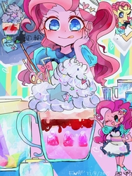 Size: 960x1280 | Tagged: safe, artist:naginiko, pinkie pie, coinky-dink world, equestria girls, g4, my little pony equestria girls: summertime shorts, clothes, cute, cutie mark on clothes, diapinkes, dress, female, food, ice cream, one eye closed, open mouth, pixiv, server pinkie pie, smiling, solo, tongue out