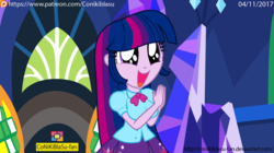 Size: 1460x820 | Tagged: safe, artist:conikiblasu-fan, twilight sparkle, equestria girls, g4, season 7, shadow play, :d, breasts, busty twilight sparkle, clothes, cute, daaaaaaaaaaaw, equestria girls interpretation, excited, female, hands together, happy, open mouth, patreon, patreon logo, pleated skirt, scene interpretation, skirt, smiling, solo, squee, twiabetes, twilight sparkle (alicorn)