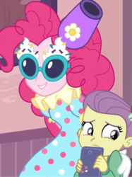 Size: 807x1079 | Tagged: safe, screencap, lily pad (g4), pinkie pie, equestria girls, g4, my little pony equestria girls: better together, pinkie sitting, bad touch, clothes, clown, glasses, hat, nervous, out of context, party cannon, personal space invasion, stranger danger, worried, young