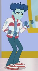 Size: 586x1080 | Tagged: safe, screencap, curly winds, some blue guy, a fine line, equestria girls, equestria girls series, g4, background human, clothes, cropped, jacket, male, pants, shoes, smiling, sneakers, weights