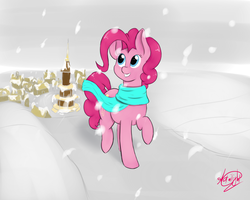 Size: 3000x2400 | Tagged: safe, artist:starlightglummer, pinkie pie, earth pony, pony, g4, clothes, female, high res, scarf, snow, solo