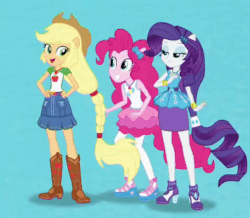 Size: 604x526 | Tagged: safe, screencap, applejack, pinkie pie, rarity, equestria girls, equestria girls series, g4, abstract background, animated, aside glance, boots, carrying, clothes, confetti, cowboy boots, cute, eyeshadow, female, frown, gif, grin, happy, high heels, jackabetes, jumping, lidded eyes, looking at you, makeup, pantyhose, piggyback ride, ponied up, rarity peplum dress, shoes, smiling, squee, surprised, trio, unamused, wide eyes