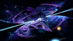 Size: 3840x2160 | Tagged: safe, artist:discordthege, princess celestia, princess luna, alicorn, pony, g4, duality, duo, galaxy, grin, high res, looking at each other, moon, one eye closed, planet, royal sisters, smiling, space, spaceship, stars, sun, tongue out